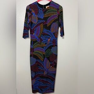 Farm Rio Tropical Bird Print Midi Dress Large Vibrant Jungle Bodycon Colorful